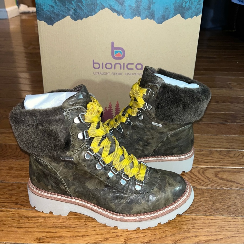 Bionica Danie Genuine Shearling Trim Hiking Boots Olive Green Camo Women’s 6 NEW - Picture 7 of 15